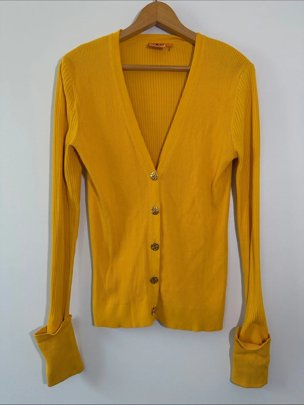 Tory Burch Yellow Ribbed V-Neck Button Cardigan